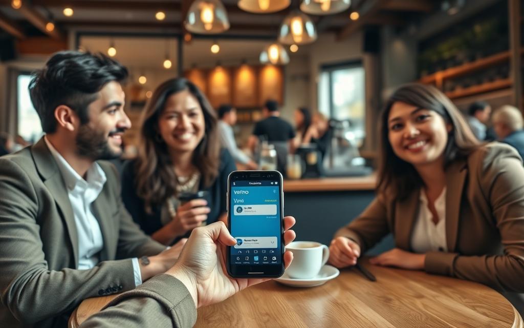 A warm, inviting scene of three friends sitting around a cozy coffee shop table, each visibly engaged in a friendly discussion. In the foreground, one friend is holding a smartphone displaying the Venmo app, showcasing a payment screen. The friends are dressed in smart casual attire, radiating a relaxed yet professional vibe. In the middle background, the coffee shop's atmosphere is lively, with patrons chatting over steaming cups and baristas preparing drinks. Soft, natural lighting filters through the windows, giving the scene a warm glow. The angle is slightly above the table, emphasizing both the friends and the phone, capturing the camaraderie and convenience of splitting expenses through modern payment methods. The overall mood is cheerful and collaborative, reflecting the ease of managing finances among friends. A warm, inviting scene of three friends sitting around a cozy coffee shop table, each visibly engaged in a friendly discussion. In the foreground, one friend is holding a smartphone displaying the Venmo app, showcasing a payment screen. The friends are dressed in smart casual attire, radiating a relaxed yet professional vibe. In the middle background, the coffee shop's atmosphere is lively, with patrons chatting over steaming cups and baristas preparing drinks. Soft, natural lighting filters through the windows, giving the scene a warm glow. The angle is slightly above the table, emphasizing both the friends and the phone, capturing the camaraderie and convenience of splitting expenses through modern payment methods. The overall mood is cheerful and collaborative, reflecting the ease of managing finances among friends.